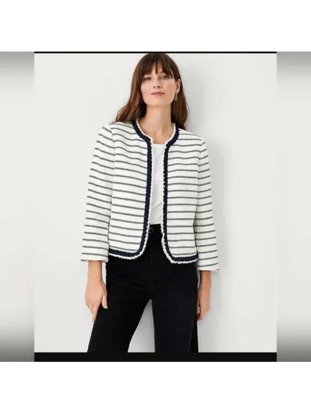 Ann Taylor White Striped Open-Front Jacket with Navy Trim